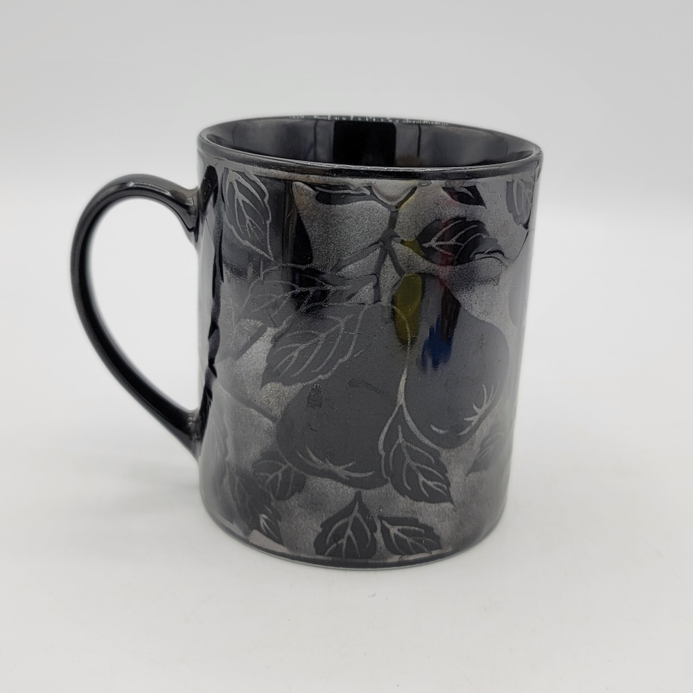 Monochrome Black on Black Jacquard Style Pear Fruit Floral Mug - Picture 3 of 7